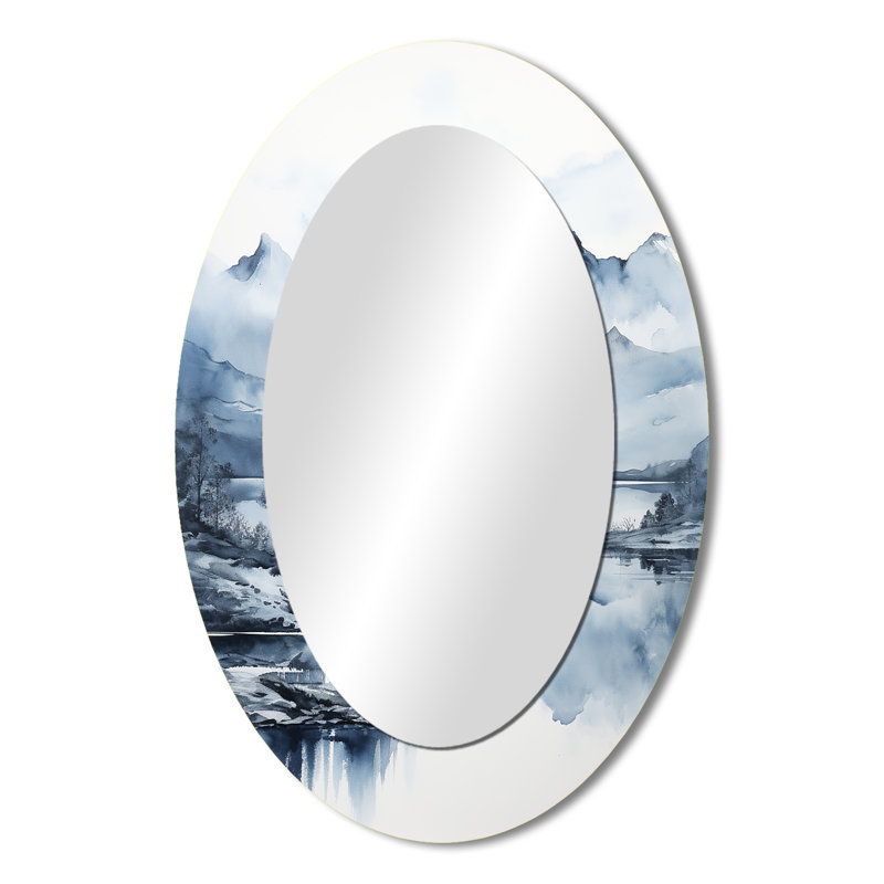 Gris gris bleu minimalisme forêt reflets I - grand miroir mural ovale sur métal, 36 po x 24 po