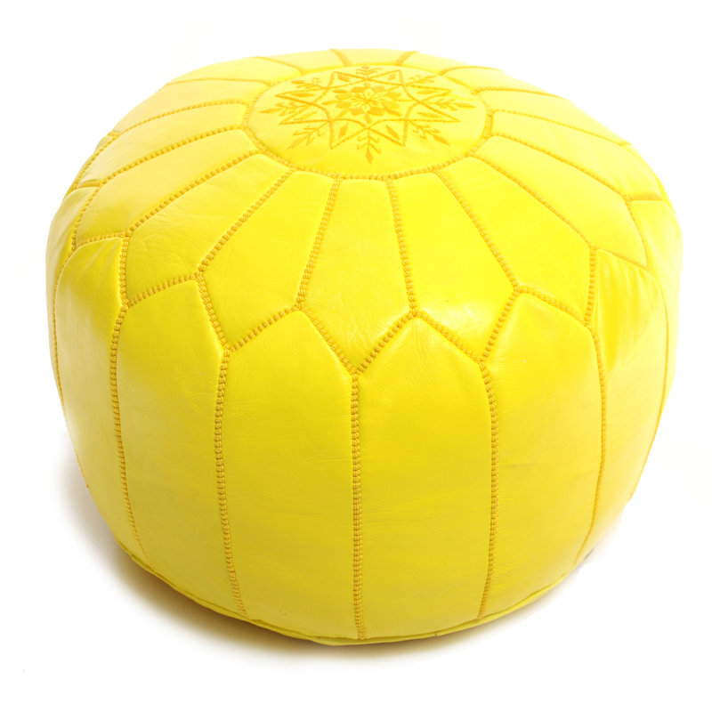 Pouf rond en cuir véritable de 20 po de largeur, Cuir marocain jaune, Jaune