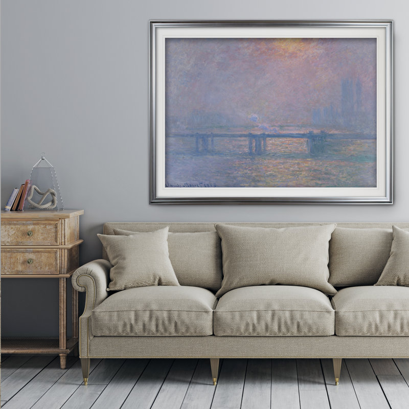 «Charing Cross Bridge» par Claude Monet - reproduction d'art encadrée, Cadre argenté, H 30 po x l 42 po x P 2 po
