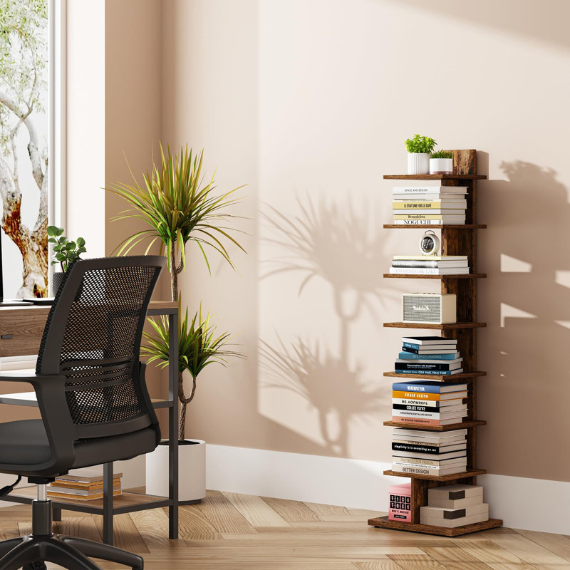 8-Tier Vertical Bookshelf, Narrow Bookcase for Small Spaces, Rustic Brown