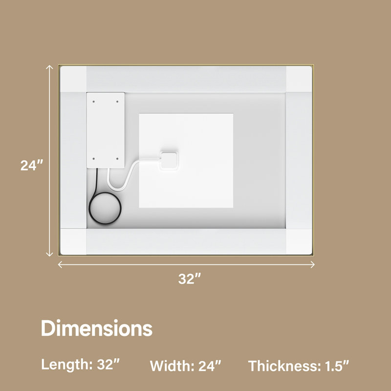 Miroir doré 24 x 32 po avec deux barres à DEL, éclairage arrière à l'avant, trois modes de couleur, contrôle de la luminosité vacillante, brumisation, style de montage horizontal ou vertical, commande d'énergie, rappel intelligent