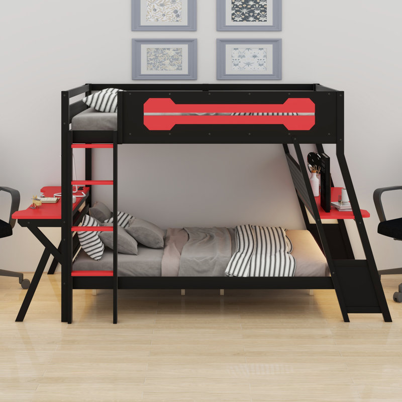 Lits superposés avec ports USB intégrés et organisateur de panneau perforé, Lit double, Noir / Rouge