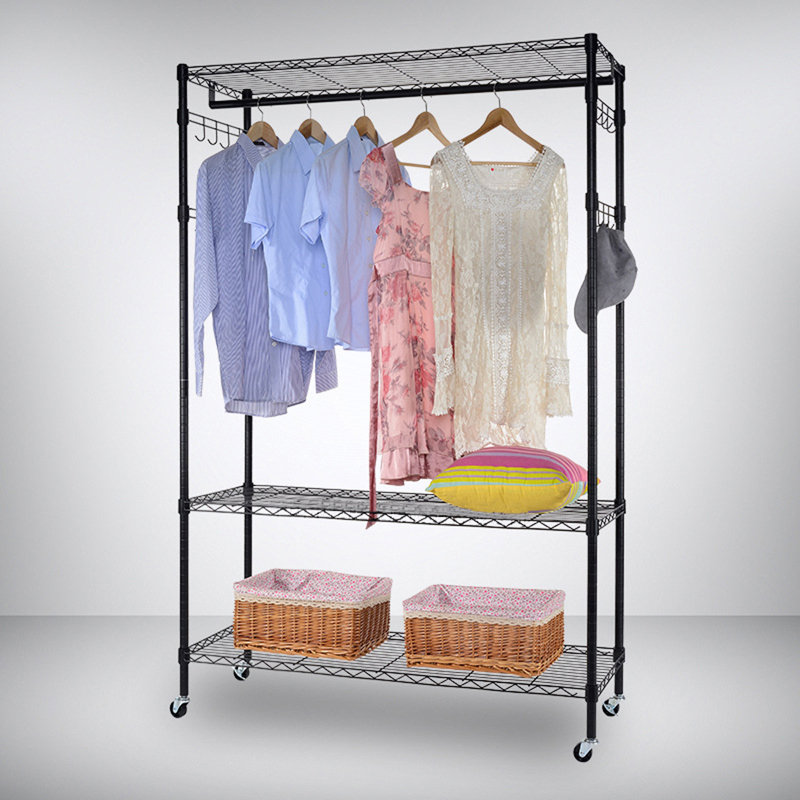 Portant à vêtements réglable à 3 niveaux avec 2 tringles de suspension et 4 crochets latéraux