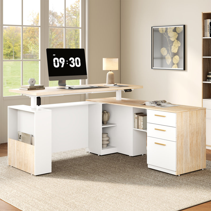 Adonia 63" W L-Shaped Electric Height Adjustable Standing Desk With 3 Drawers File Cabinet, Privacy Panel, AC/USB , Sit-Stand Home Office Corner Desk, Light Walnut