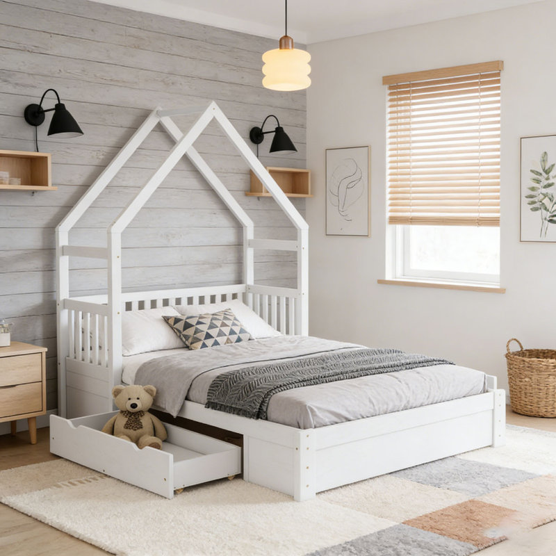 Grand lit plateforme en bois avec garde-corps et 2 tiroirs, Blanc