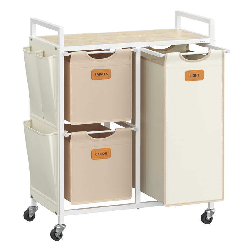 Metal Rolling Laundry Basket with Handles, Natural Beige/Camel Brown/Cream White