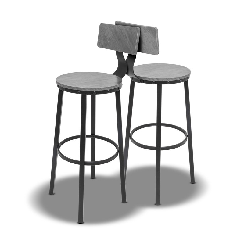 Shelby - Set Of 2 High Stools, Industrial Style Bar Stools With Back, Grey Wood, Grey