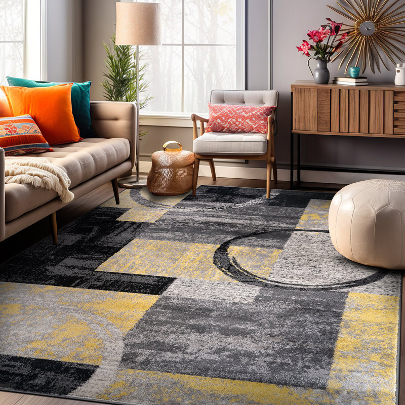 Tapis jaune / noir / gris en polypropylène tissé à la machine Bionda, Rectangle 7 pi 10 po x 10 pi 2 po