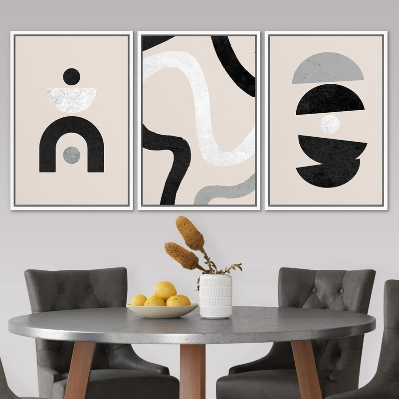Abstract Geometry " Circles Arcs & Twisted Lines Abstract Shapes Neutral Mid Century Modern Art Black And White " 3 - Pieces