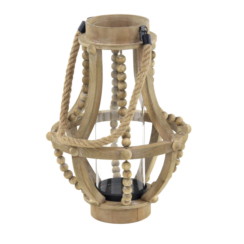 16" H Reclaimed Wood Beaded Candle Lantern