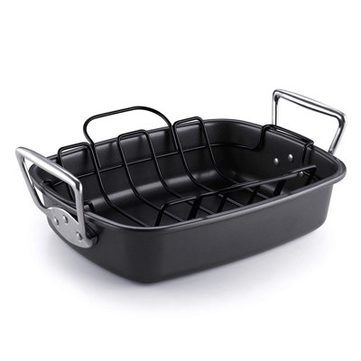 Cook N Home Basics 17 x 13 Inch Specialty Nonstick Roaster Pan, Turkey Roasting Pan Bakeware with Rack, Black
