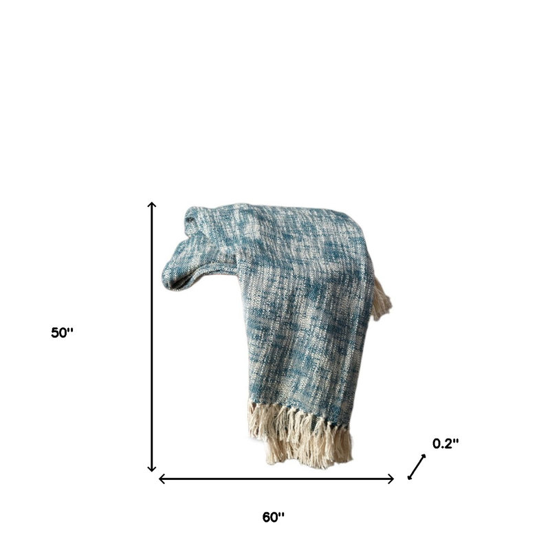 Jeté en coton tissé bleu et blanc 50 po x 60 po avec franges