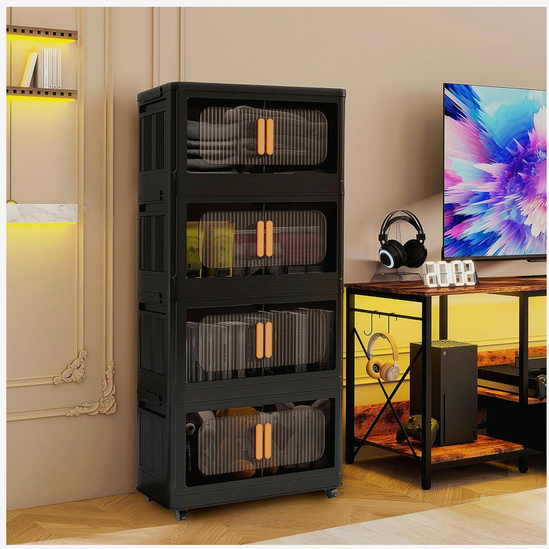 Black,20" Side Wide Folding Storage Cabinet ,4 Tiers,19.69"×11.81"×40.55",Collapsible Storage Bins with Magnetic Door, Plastic Storage Cabinet with Wheels