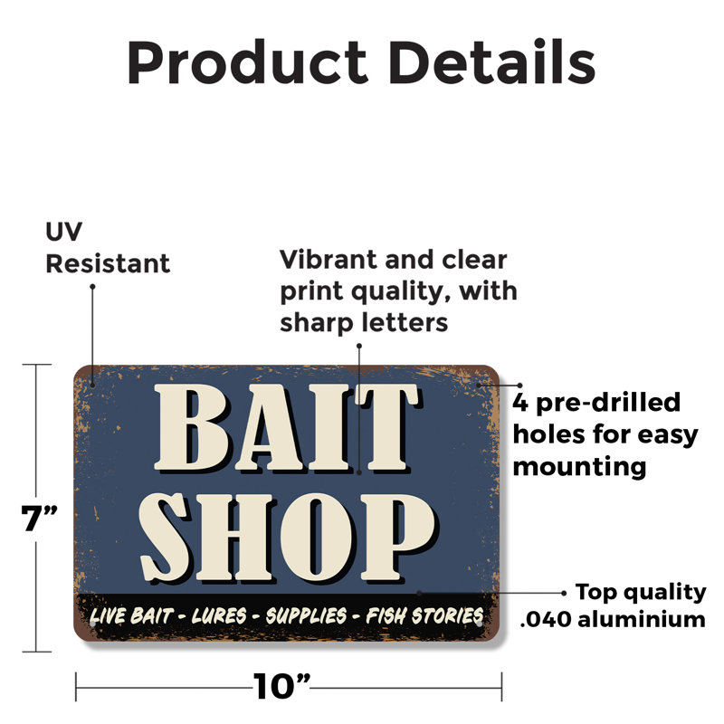 Enseigne fantaisie en aluminium 7 po x 10 po Bait Shop