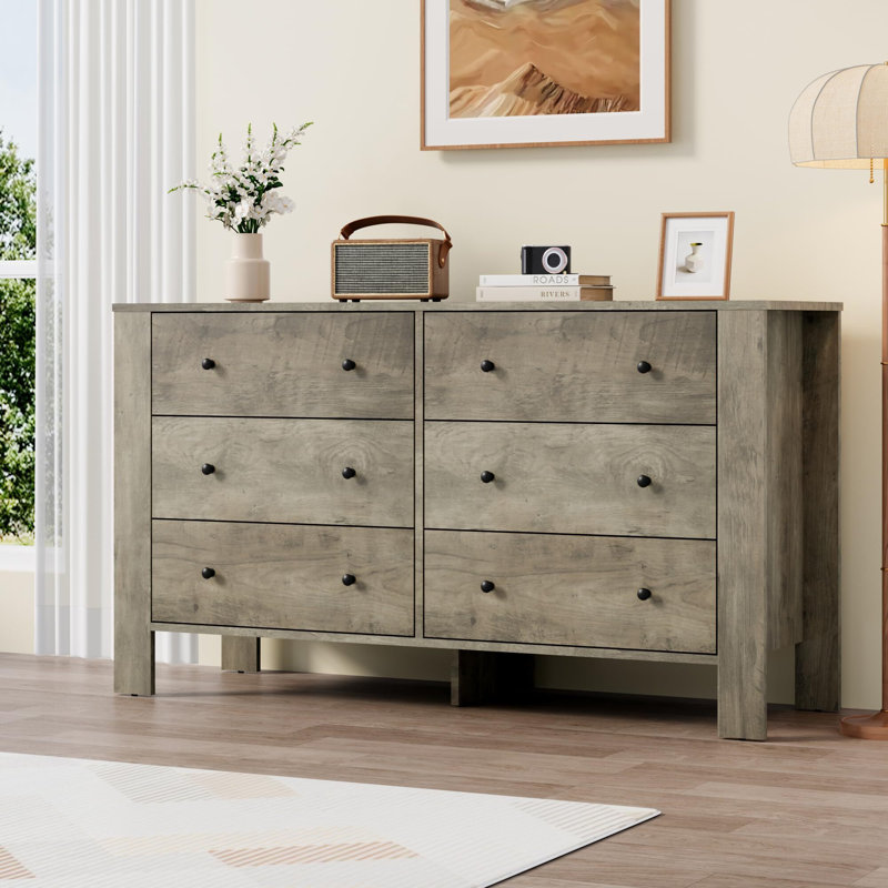 Commode 6 tiroirs pour chambre à coucher, commode double moderne avec tiroirs de rangement, Grey