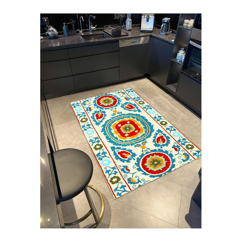 Tapis tissé à motif floral bordeaux à motif crème et lavable, Tapis de couloir 2 pi 6 po x 6 pi 7 po