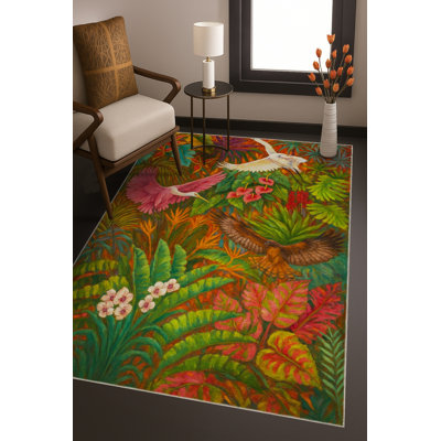 Tapis brun tissé à motif floral lavable Mosso