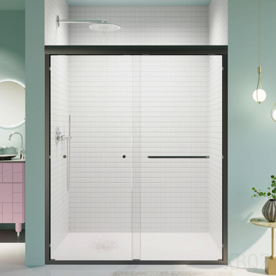 56"-60"W*72" H Semi-Frameless Double Sliding Shower Door, Bypass Shower Door, 1/4" (6mm) Thick Sgcc Tempered Glass Door, Matte Black
