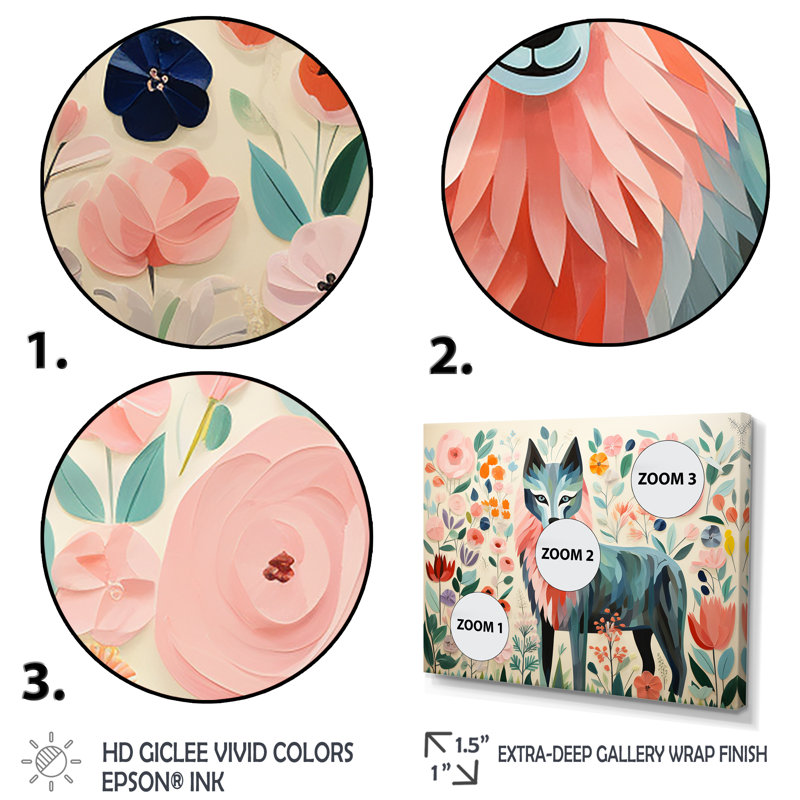 Rose et vert Boho Portrait VI - loup, art mural, Cadre flottant doré, H 24 po x l 32 po x P 1 po