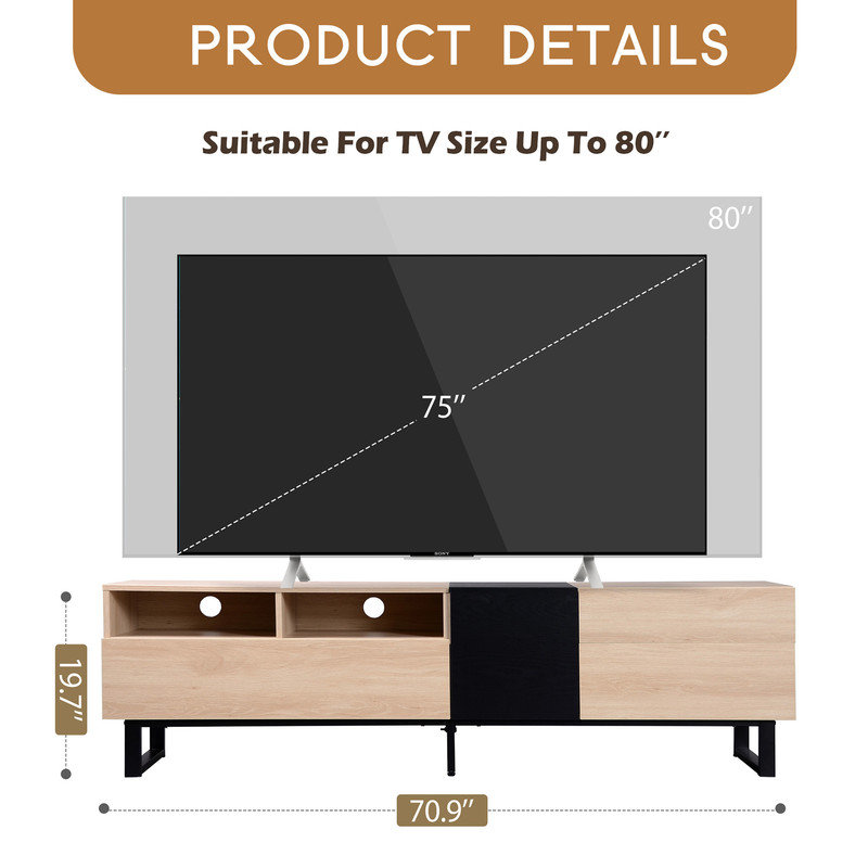 Meuble télé 80 po avec porte rabattable et rangement double, console multimédia pour salon et cinéma maison, Bois naturel