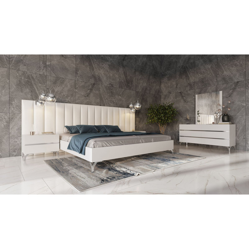 Ensemble de chambre à coucher 4 pièces et ailes en cuir écologique moderne blanc Omosède, Grand