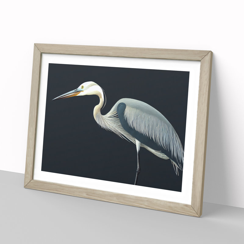 Beaming Heron Bird - Framed Print, 25cm H x 34cm W x 2cm D, Oak