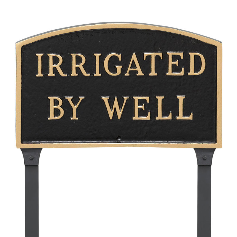 Standard Arch Irrigated By Well Statement Plaque Sign with Lawn Stakes, Black/Gold, 13" H x 21" W x 0.25" D