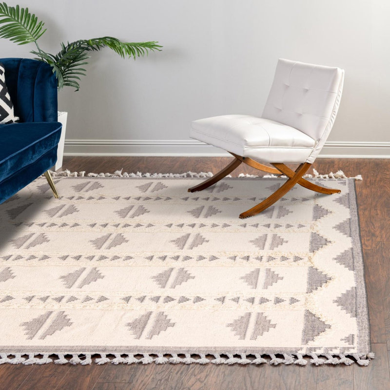 Tapis géométrique en laine tissé à plat à la main Eylin - rose et blanc, Carré 10 pi 1 po