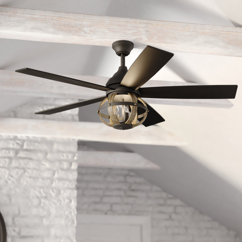 Okanagan 52 in. Black and Burnished Teak Indoor Rod Mount Farmhouse Ceiling Fan with Reversible Burnished Teak-Black Walnut Blades, Dimmable LED Light Kit and Remote Control, 3 Speeds, Metal Cage Shade
