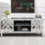 Meuble télé en miroir, console télé avec rangement ouvert et 2 armoires de rangement, portes miroir en forme de M pour le salon