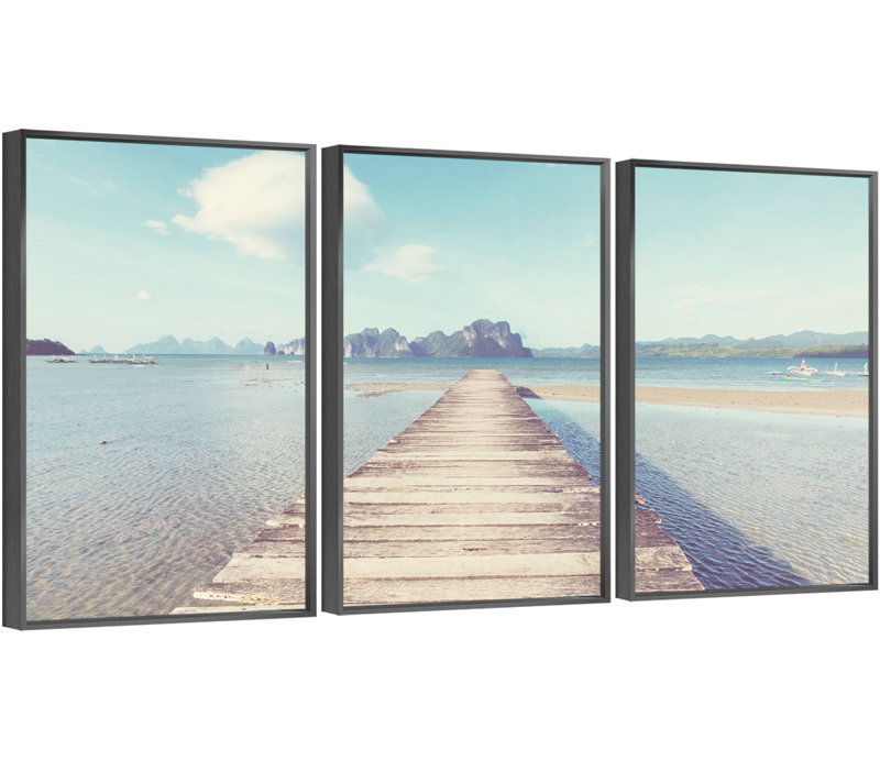 Bord de mer - Photographie flottante sur toile 3 pièces, H 48,3 po x l 72,9 po x P 1,65 po, Noir