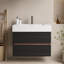 Meuble-lavabo mural 30 po avec lavabo à surface solide blanc brillant et tiroirs noirs doux, meuble-lavabo mural flottant pour salle de bain moderne, une pièce
 Bassin sans drainage et robinet, KD