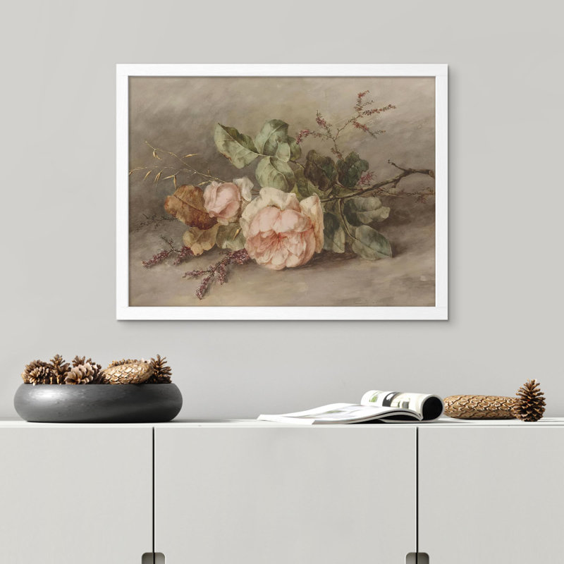 "Fleurs de jardin roses" sur papier, H 12 po x l 16 po, Blanc