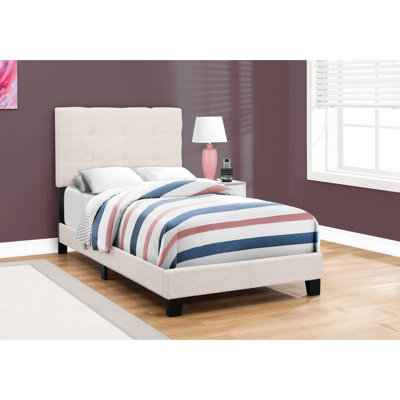 Lit simple tapissier pour chambre à coucher, tissu beige, structure de chambre à coucher taille construction, revêtement, rembourrage en mousse
