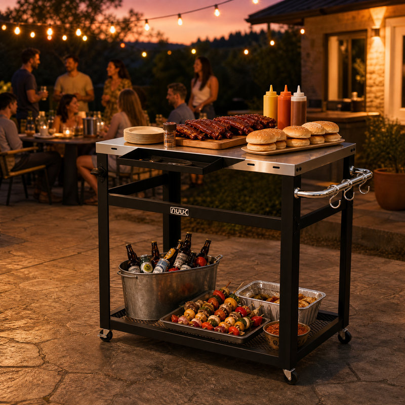 Chariot de gril et table de préparation pour l'extérieur 30 po x 20 po avec plateau en acier inoxydable, station de préparation pour barbecue avec roulettes