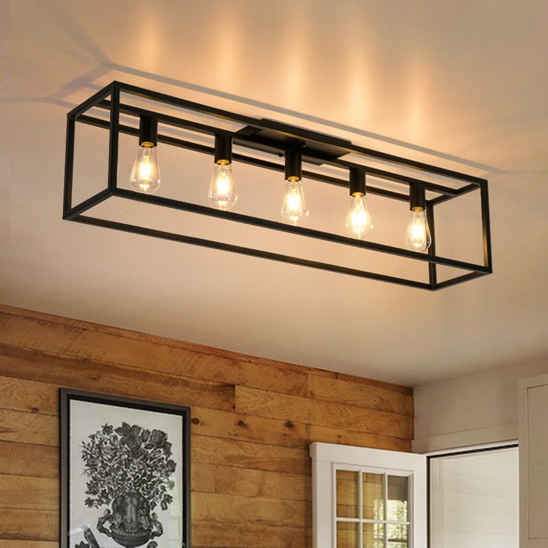 5 - Light Farmhouse Open Cage Industrial Rectangle Semi Flush Mount