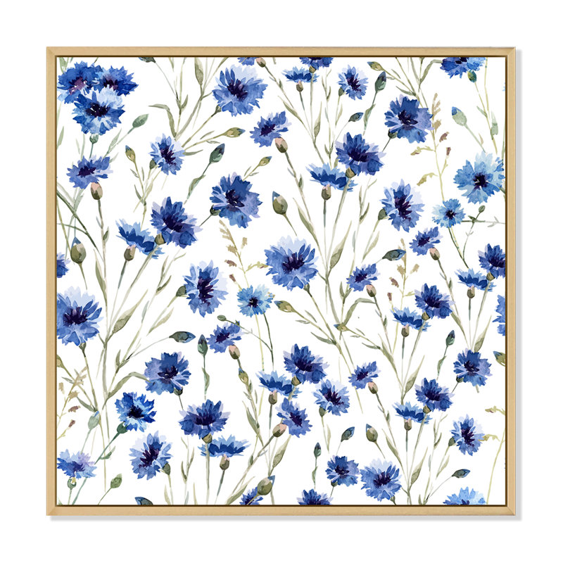 Fleurs bleues sur fond blanc - reproduction d'art sur toile à motifs, Cadre flottant en érable, H 16 po x l 16 po x P 1 po