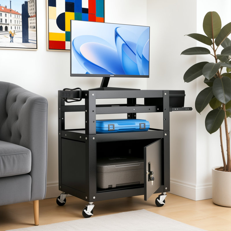 Rolling AV Cart With Power Strip, 3-Tier Utility Cart With Wheels, Keyboard Tray, Lockable Cabinet