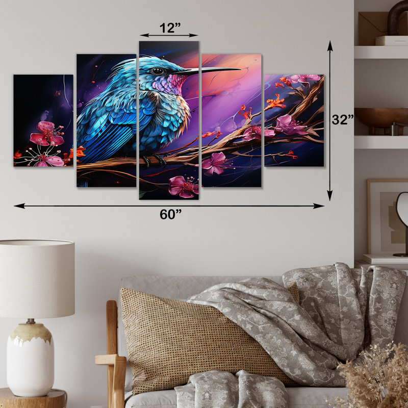  «Blue Hummingbird Floral Twilight Wonder - Multipanel Wall Art Decor