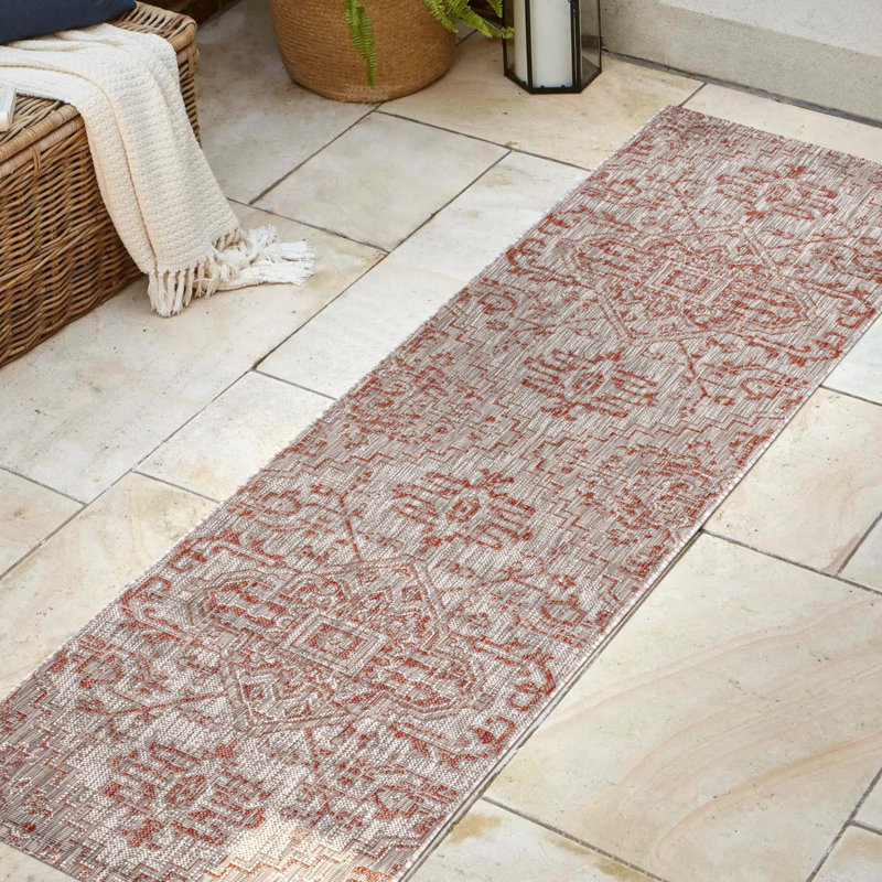 Tapis intérieur / extérieur rouge / taupe Truman, Tapis de couloir 2 pi 2 po x 10 pi