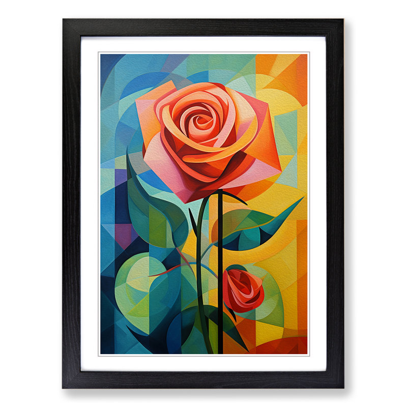 Rose Cubism - Single Picture Frame Print on Wood, Black, 34cm H x 25cm W x 2cm D