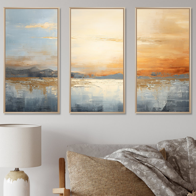 Minimalisme beige et doré coucher de soleil, H 40 po x l 60 po x P 1 po, Cadre naturel flottant