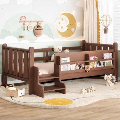 Lit de plancher en bois massif pour enfants avec bibliothèques de rangement, garde-corps et escaliers, sans sommier