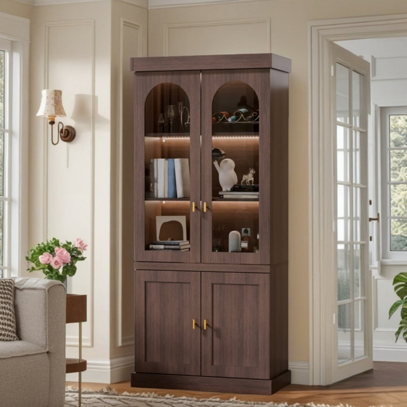 Elegant Wooden Display Cabinet With Glass Doors, Multi-Function Storage With LED Lighting, Large Capacity & Waterproof Finish