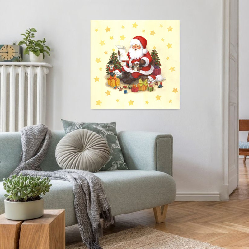 Père Noël festif et chiots - Illustration murale traditionnelle et fantaisiste représentant un sapin de Noël, un ours et un paysage d'hiver