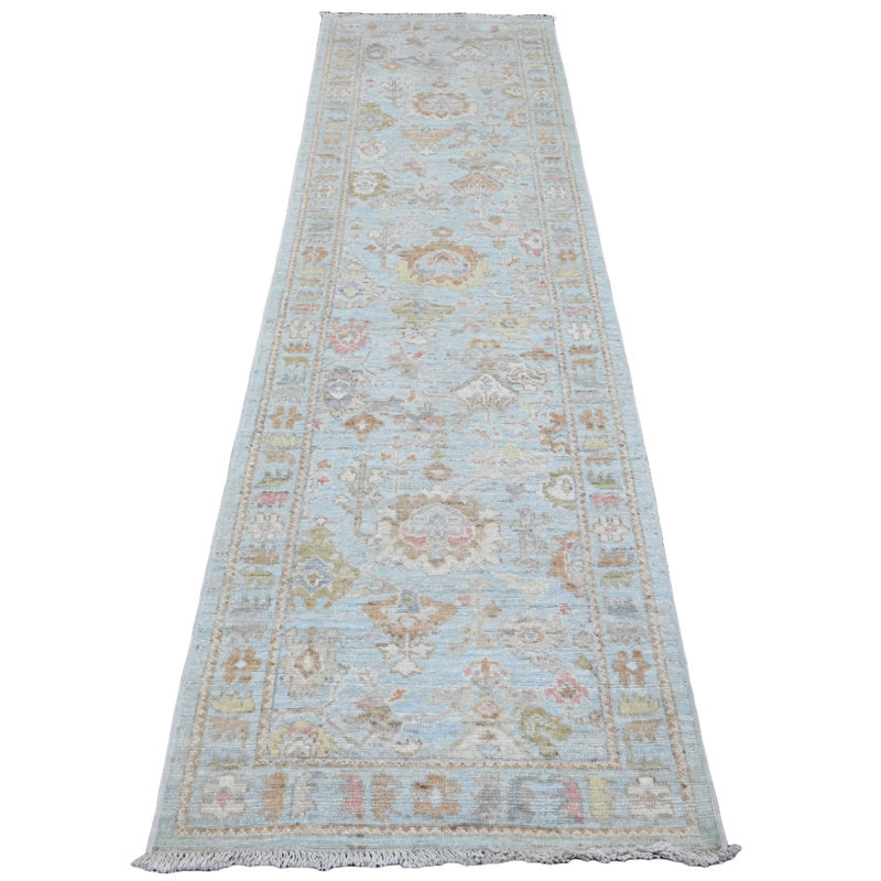 Tapis de couloir oriental 2 pi 9 po x 9 pi 10 po bleu, noué à la main, motif Angus Oushak afghan avec motif de feuilles, teintures naturelles, 100% laine