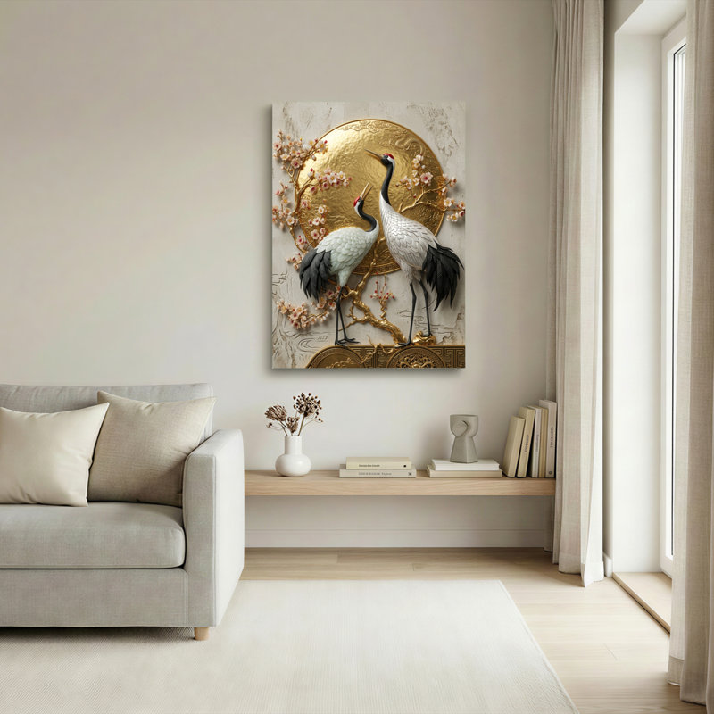Ensemble de 1 tableau sur toile représentant des grues dorées, 48"H x 32"W, Toile tendue