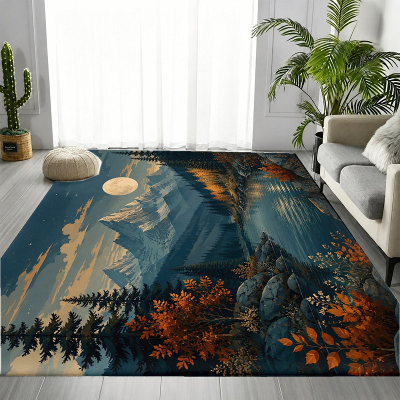Tapis de paysage de rivière Moonlit Mountain, Rectangle 5 pi 3 po x 3 pi 3 po (160 x 100 cm)