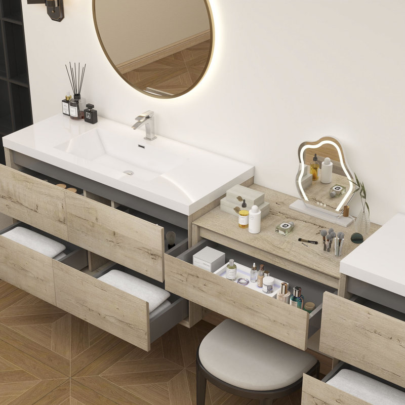 Meuble-lavabo mural 126 po avec lavabo en acrylique renforcé Aliki, Chêne clair