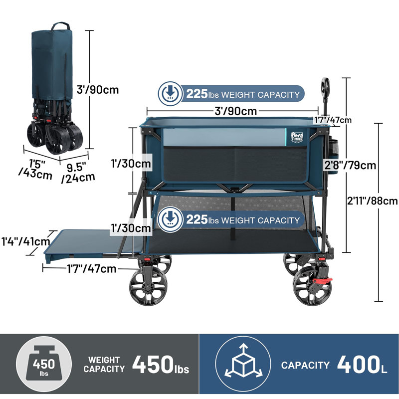 Wagon pliant à grande capacité 400L avec freins, Bleu